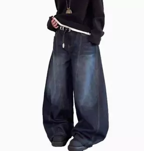Mens Dark Blue Denim Jeans Wide Leg Loose Fit Hip Hop Punk Pants Trousers Casual - Picture 1 of 6