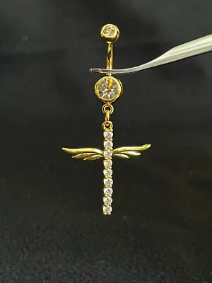 Anillo ombligo cruzado alado gema circonita cúbica 1 pieza perforado ombligo enchapado en oro alas naval Foto 1 de 3