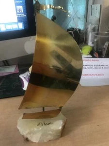 Brass Sailboat Sculpture Marble Base Demott SIGNED Mid Century Boat Ocean Wind - Picture 1 of 2