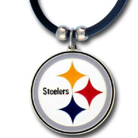 Pittsburgh Steelers Necklace Black Rubber Cord Large Metal Pendant NFL Football Cover