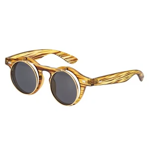 Wooden Effect Flip up Circle Steampunk Glasses Goggles Cyber Gothic Sunglasses - Picture 1 of 10