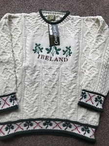 Maglione tradizionale Irlanda 100% lana britannica Aran avorio maglia cavo collo arricciato XL - Foto 1 di 8