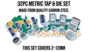 Metric Tap & Die Set 2-12MM 8 SIZES 32pc includes starter middle bottom Taps - Picture 1 of 3
