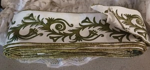 Beautiful Vintage 18 Yds Ivory w/ Olive Green Elegant Scroll Wire Edge Ribbon  - Picture 1 of 5
