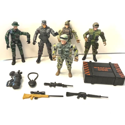 "Figuras de acción de soldado militar de 4"" de alto lote de 5 figuras caja de armas con armas" Foto 1 de 4