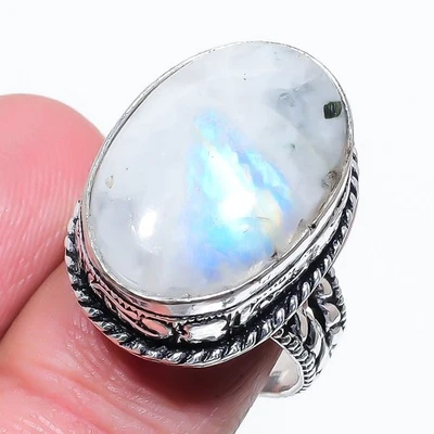 Rainbow Moonstone Gemstone 925 Sterling Silver Gift Jewelry Ring Size 9 V814 - Image 1 of 3