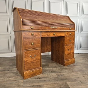 Antique Style Roll Top Bureau Desk With Tambour Door - Pedestal 4 Drawer - Repro - Picture 1 of 24