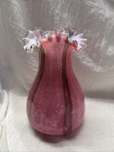 Spangle Glass Vase 9.5” Pink w/ Silver Mica Flakes Ruffle - Picture 1 of 8
