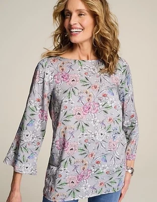J.Jill Hummingbird Floral Printed Satin Top Bell Sleeve Minimalist Garden Sz XL - Image 1 of 4