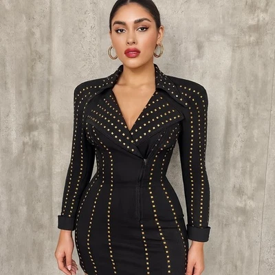 Vestido Chaqueta Moto Lillie Rubin Negro Dorado Tachonado Bodycon Vintage Años 80 90 Foto 1 de 4