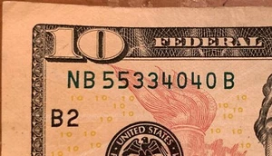 Banconota 10 dollari 2017 circolata DOPPIA fantasia serie # NB 55 33 40 40 B - Foto 1 di 3