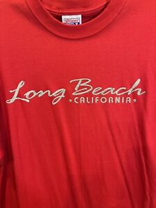 Vintage Long Beach T-Shirt L Red Spell Out Front Embroidered Hanes Heavy Duty