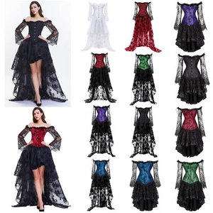 Retro viktorianisches Kostüm Langarm Korsett Top Rock Set Bustier baskisch Taillenkette - Bild 1 von 56
