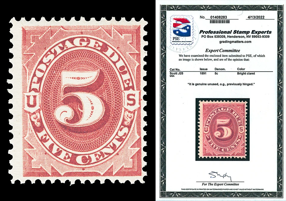 Scott J25 1891 5c Bright Claret Postage Due Mint F-VF OG LH with PSE CERT - Image 1 of 1