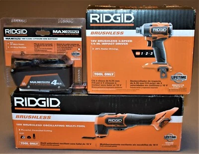 NEW RIDGID 3 SPEED BRUSHLESS IMPACT,  MULTI-TOOL and 18V 4Ah BATTERY - Image 1 of 4