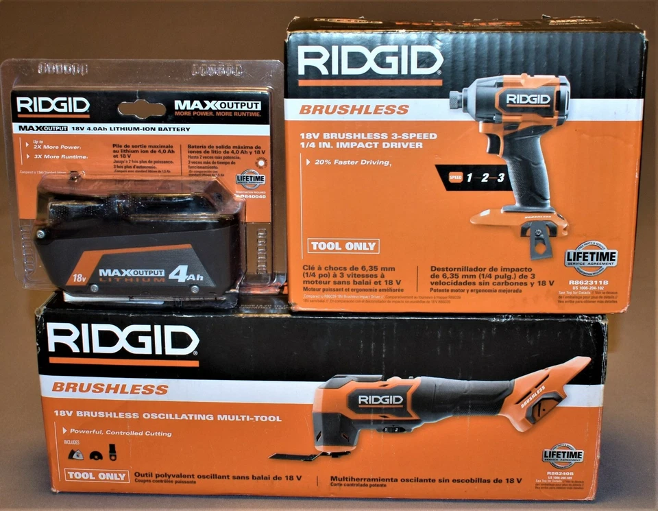 NEW RIDGID 3 SPEED BRUSHLESS IMPACT,  MULTI-TOOL and 18V 4Ah BATTERY - Image 1 of 4