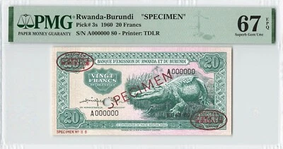 RWANDA BURUNDI 20 Francs 1960 P-3s SPECIMEN PMG 67 EPQ Superb Gem UNC TOP Finest - Image 1 of 2