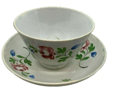 Soft Paste Handleless Cup Saucer Red Blue Green Flower Faint Mark on bottom Ware - Image 1 of 4
