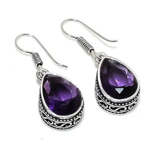 Amethyst Gemstone Handmade 925 Sterling Silver Jewelry Earring Sz 1.20" - Picture 1 of 1