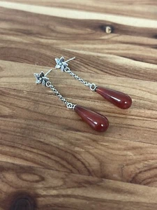 925 Sterling Silver Vintage Flower Carnelian Agate boho drop dangle  Earrings - Picture 1 of 6