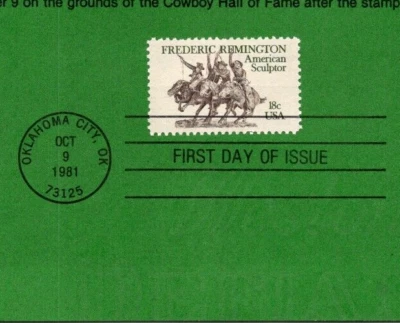 USPS FDC First Day Cover Souvenir Sheet Frederic Remington Stamp Scott #1934 - Image 1 of 2
