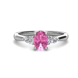 Lab Created Pink Sapphire & Diamond 3 Stone Engagement Ring 14K Gold JP:290210 - Picture 1 of 16