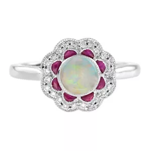 14K White Gold Natural Opal Ruby Diamond Art Deco Style Halo Ring - Picture 1 of 11