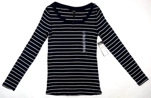 NEW! BCBG Long Sleeve Crew Neck Stretch Fine Rib Knit Top Black / White Sz SMALL - Picture 1 of 7