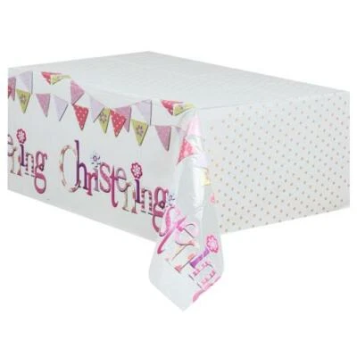 CHRISTENING TABLECOVER -  PINK GIRLS PARTY TABLEWARE - Wipeclean plastic table - Image 1 of 2