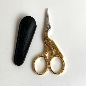 Gingher Crane Scissors with Leather Sheath, Gold and Silver Metal - Picture 1 of 9