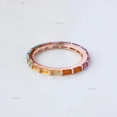 4x2mm Slant Real Baguette Rainbow Sapphire Gemstone Wedding Band Ring 14k Gold - Image 1 of 4