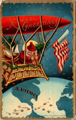 Postal de Navidad con bandera estadounidense de Papá Noel 1910 sobre la tierra en relieve Foto 1 de 2