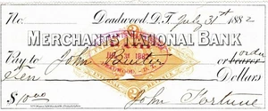 JOHN BUETER GROCER MERCHANTS NATIONAL BANK 1882 CHECK DEADWOOD DAKOTA TERRITORIUM - Bild 1 von 1
