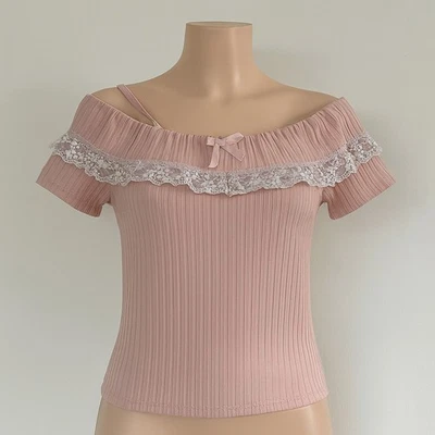 Dollycore Ribbed Pink Off-Shoulder Top Lace Trim Bow Soft Girl Y2K – Size M - Image 1 of 4