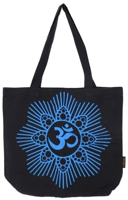 Hochwertige Boho Canvas Shopper Tasche, OM Yoga Schulterbeutel - schwarz/blau - Bild 1 von 4