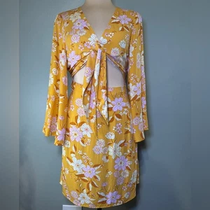 Cupshe Keira Yellow Floral Bunny Tie Bell Sleeve Cut Out Mini Dress Cover Up Med - Picture 1 of 11