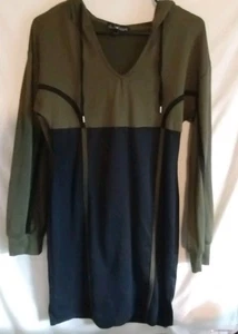 Derek Heart Khaki Green/Black Tunic Style Sweatshirt W/Hood Women's Large - Picture 1 of 5