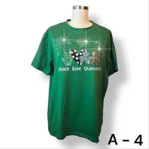 Peace Heart Shamrock Green St Patricks Day Tee Heavy Rhinestones Womens XL - Picture 1 of 7