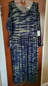 NWT Terra & Sky Women's 1X 16W-18W Blue Green Tie Dye Long Sleeve Babydoll Dress - Picture 1 of 6