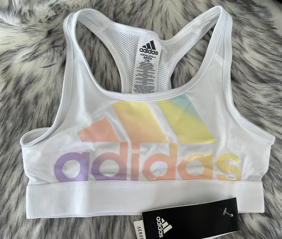 Adidas Aeroready Girls Sport Iridescence Logo Bra White Stretch RacerBack S(7/8) - Image 1 of 4