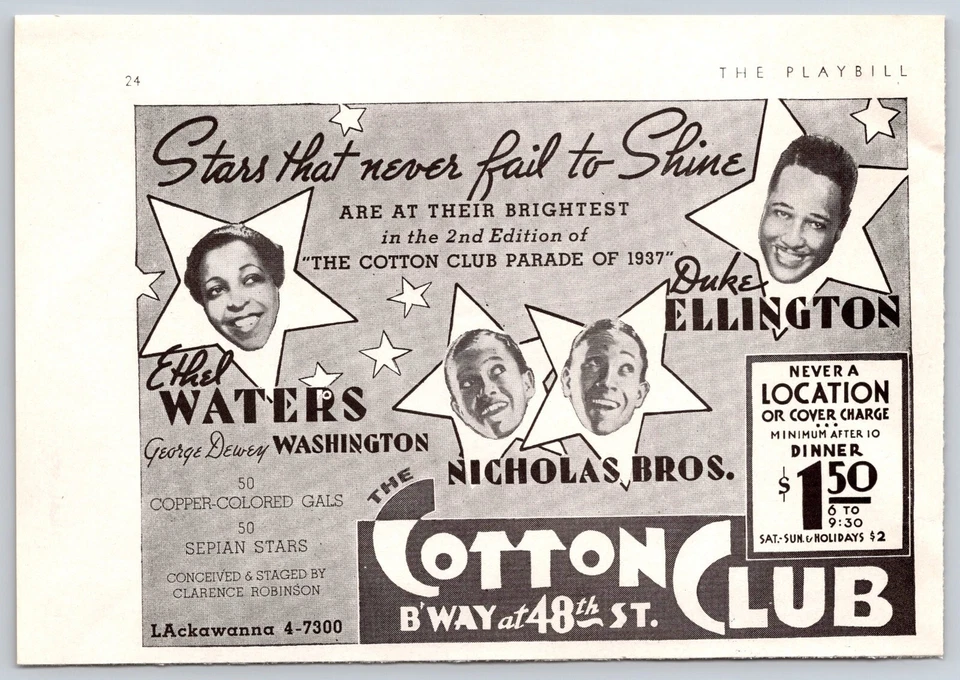 Anuncio impreso 1937 Cotton Club New York Ethel Waters Duke Ellington Nicholas Bros Foto 1 de 1