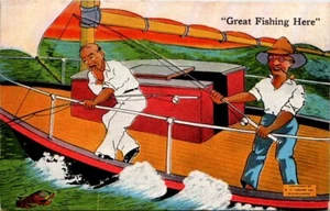 Linen Postcard Humor "Great Fishing Here" Sailboat Large Waves - Picture 1 of 2