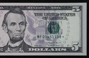 $5 2013 GEM CU Star Federal Reserve Note MF03451138* five dollar, 320K print run - Picture 1 of 3
