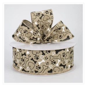 Lona con cable de lona beige hueso de perro estampado patas de mascota huesos corazones 2,5" por yarda - Imagen 1 de 7