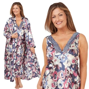 Matching Blue Floral Satin Lace Full Length Nightdress Nightie Wrap Kimono 22 24 - Picture 1 of 1