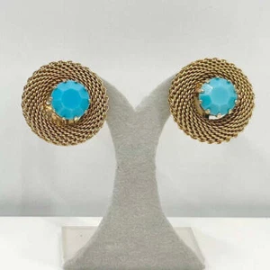 Vintage Faux Turquoise Blue Round Woven Mesh Clip On Earrings Gold Plated - Picture 1 of 4