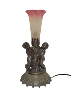 Vintage Meyda Tiffany Style Accent Lamp Twin Cherubs Pink Frosted Glass Shade - Picture 1 of 8