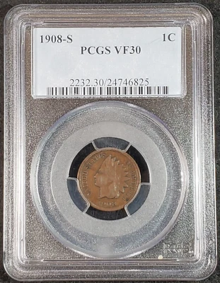 1908 S Indian Head Cent PCGS VF30 2232.30/24746825 Exquisite Coin Rare - Image 1 of 4