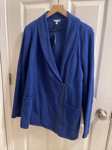 Talbots Womens XL Cardigan Sweater Open Front Blue Teal Textured Trim Long Sleev - Picture 1 of 19