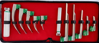 JUEGO DE 10 CUCHILLAS DE LARINGOSCOPIO MAC & MILLER DE FIBRA ÓPTICA + 2 MANGOS INTUBATON kit Foto 1 de 3